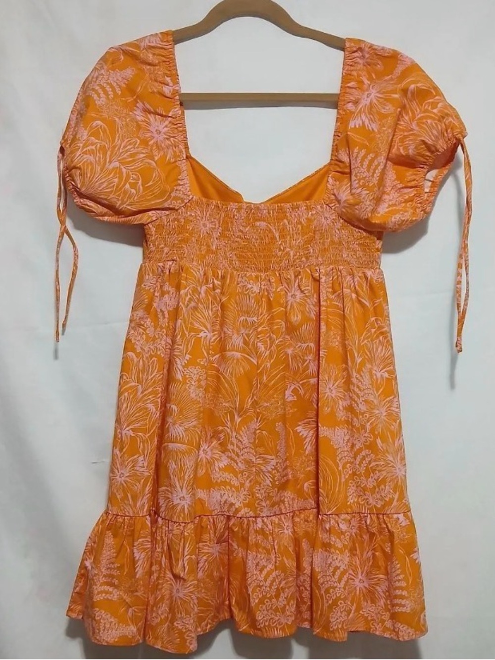 Lush Orange Floral Puff-Sleeve Mini Dress